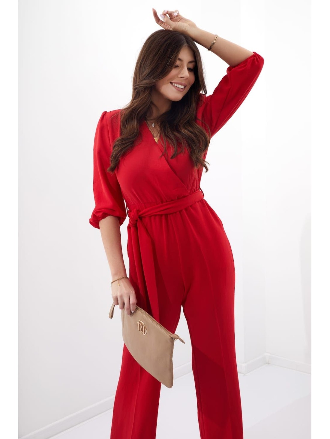 Jumpsuit with a crossover neckline, red 45272 - Online store - Boutique